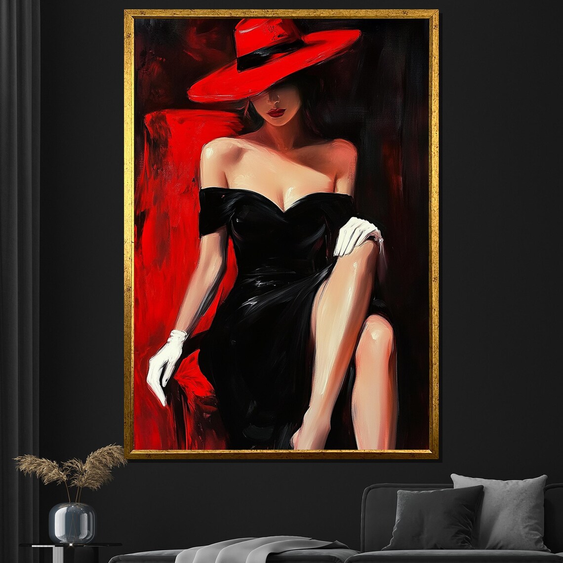 Red Hat Black Dress Woman Elegant Noir Glamour Painting Wall Poster