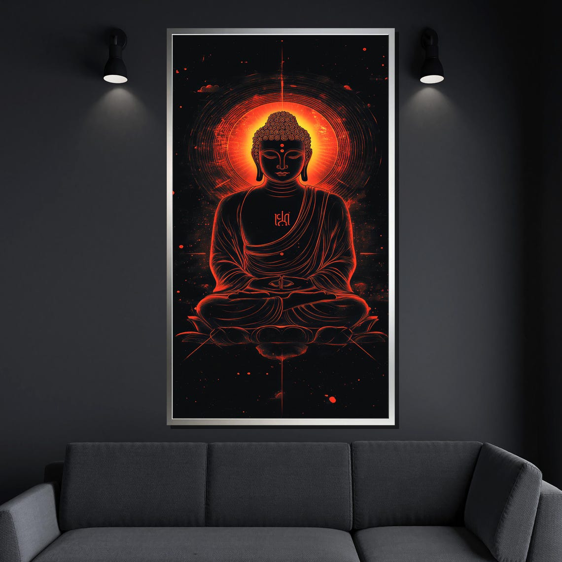 Glowing Red Neon Buddha Outline Halo Dramatic Modern Zen Art Poster - Image 4