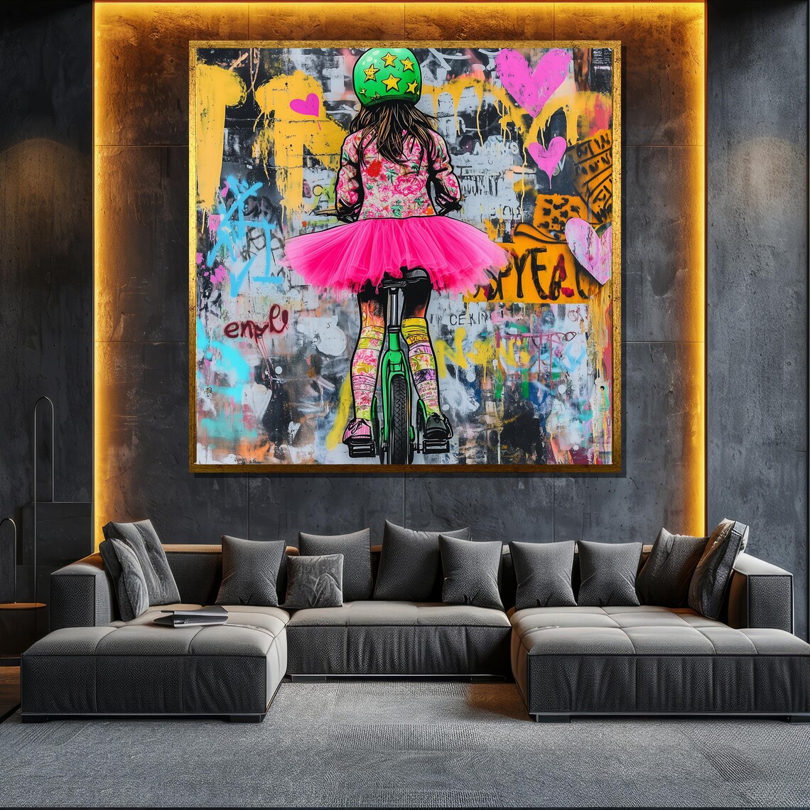 Girl In Pink Tutu Riding Bike Toward Graffiti Wall Street Art Poster