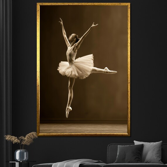 Sepia Tone Ballerina Leaping In White Tutu Dark Background Ballet Poster
