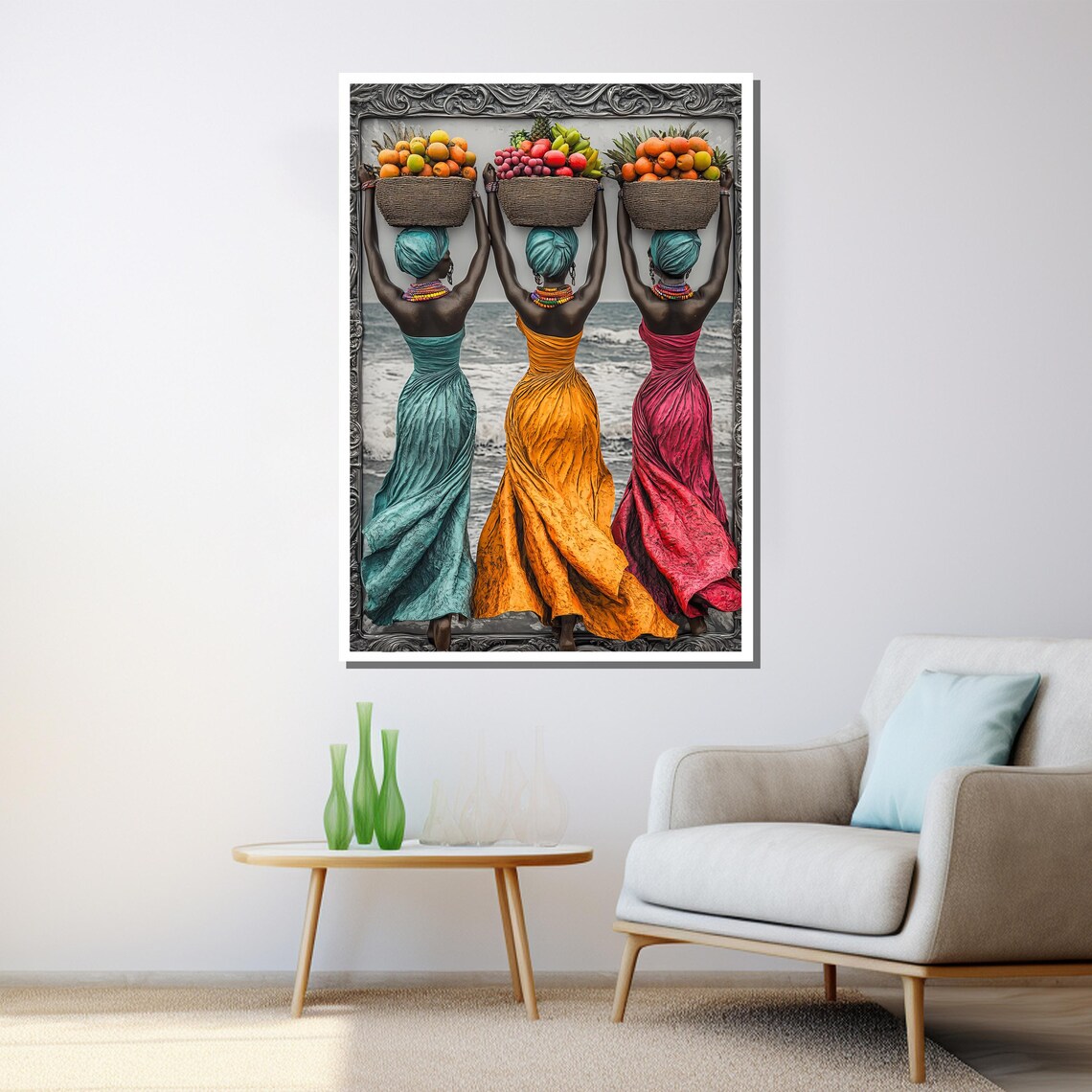 African Women Carrying Fruit Baskets Ocean Shore Cultural Art Poster - Image 3