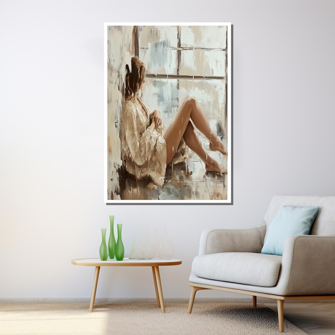 Woman By Window Impasto Painting Serene Neutral Minimalist Canvas Wall Art - Image 3