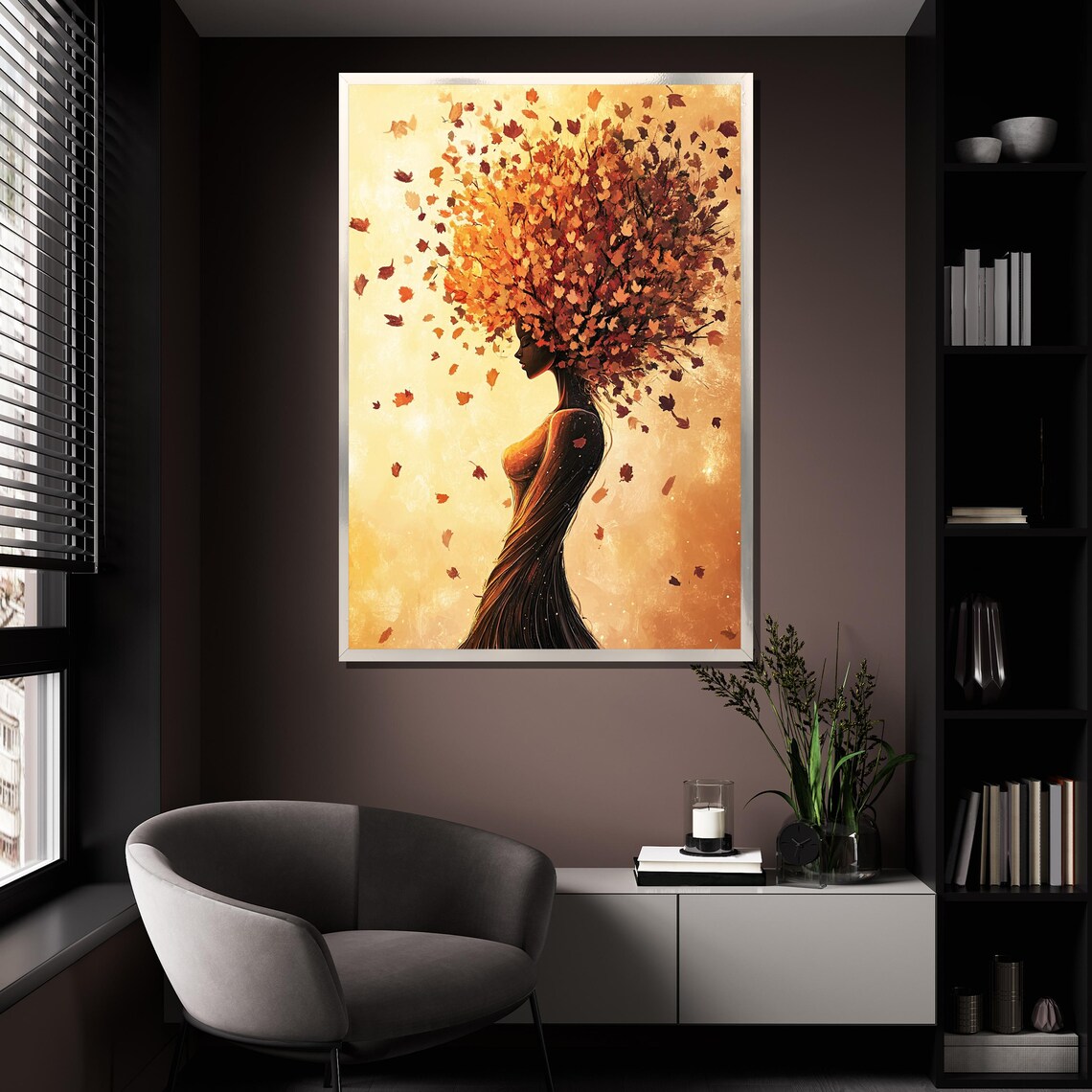 Autumn Leaves Hair Woman Silhouette Golden Fall Painting Wall Poster - Image 4