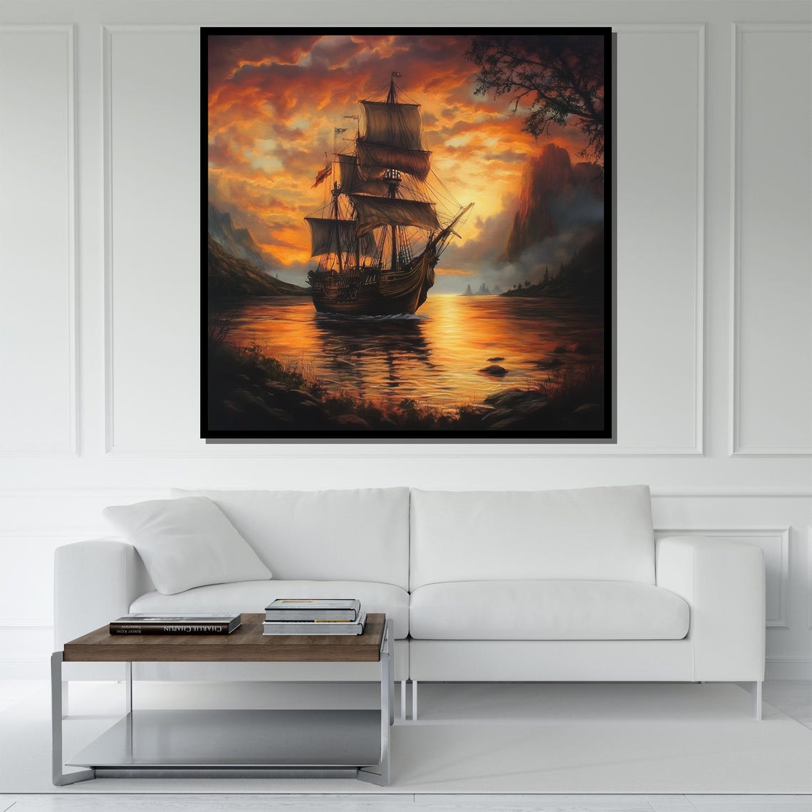 Tall Sailing Ship Fiery Sunset Ocean Dramatic Maritime Painting Poster - Image 5