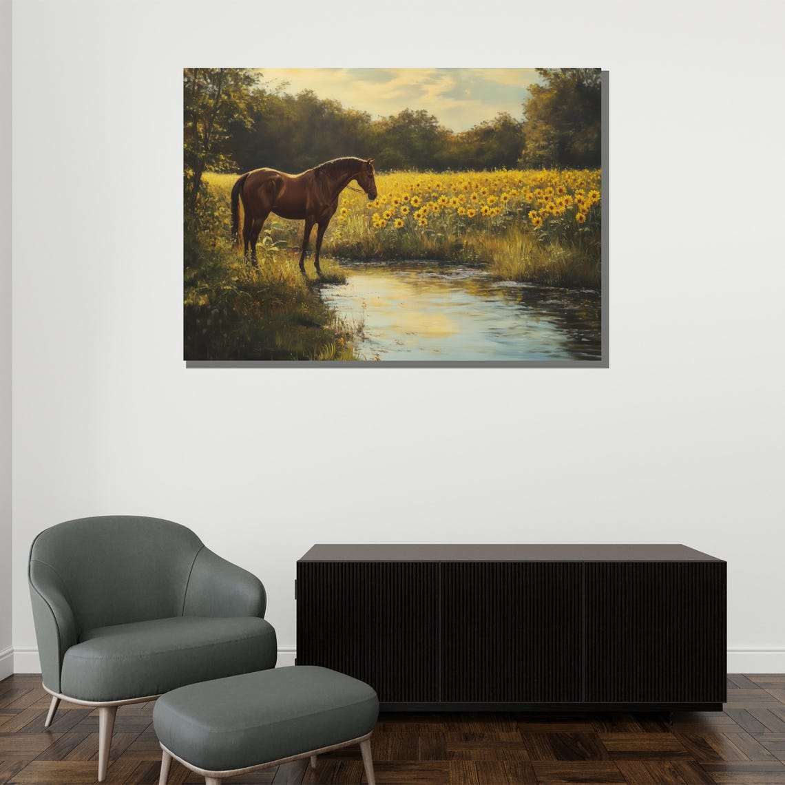 Chestnut Horse Sunflower Field Stream Golden Evening Rustic Wall Art - Image 2