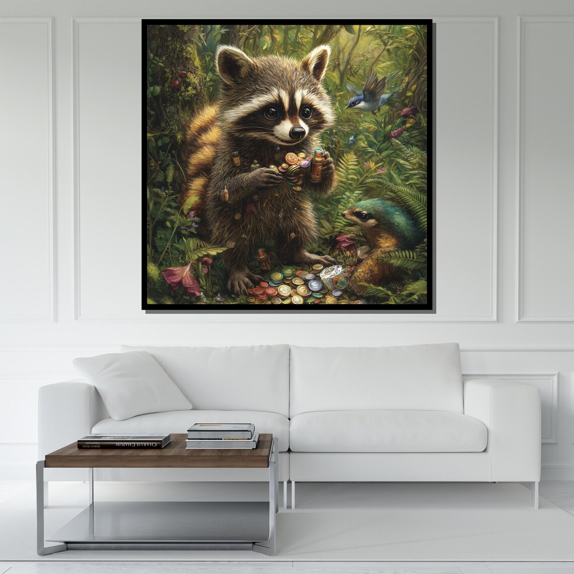 Cute Baby Raccoon Collecting Bottle Caps Forest Birds Wildlife Poster - Image 5