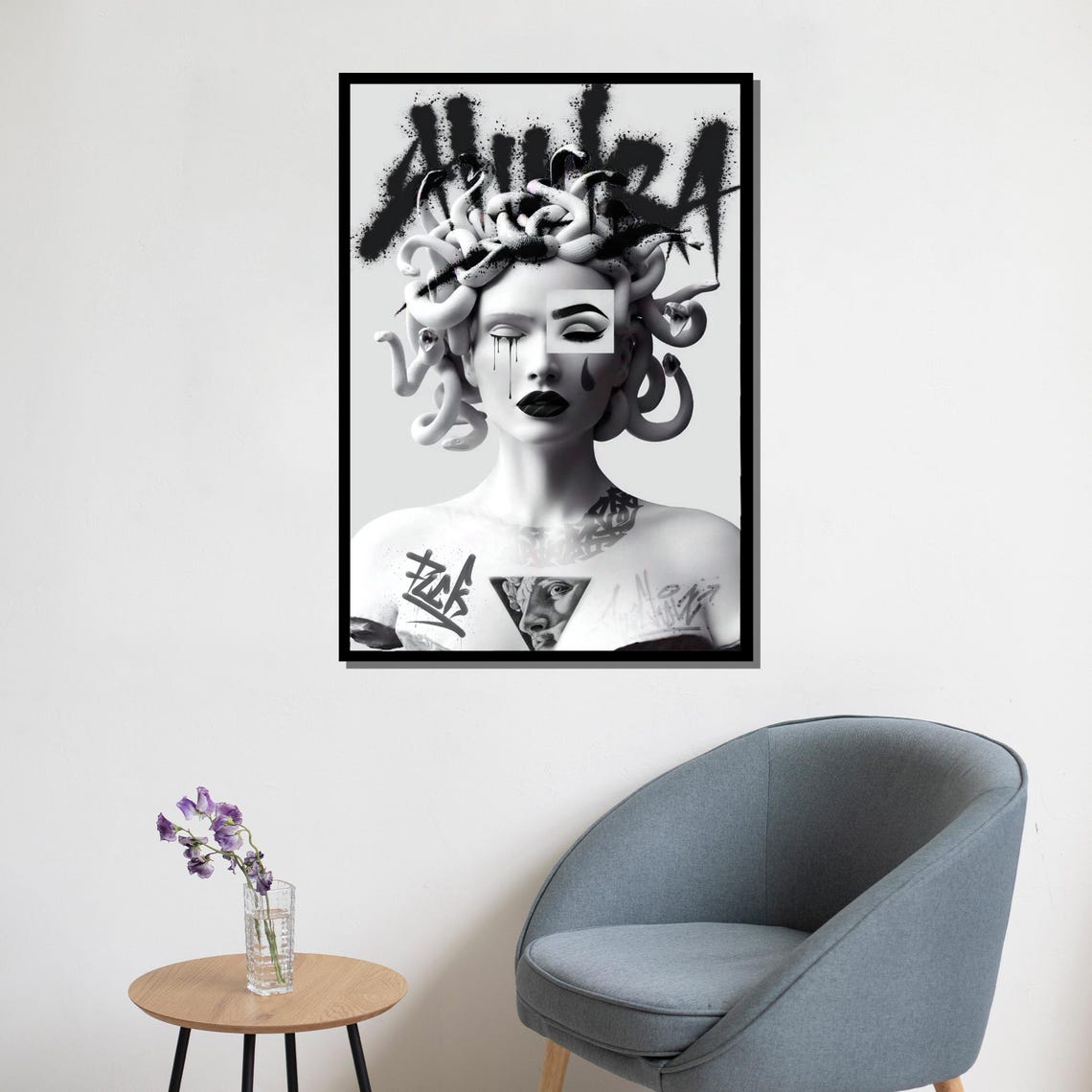 Modern Medusa Painting Graffiti Inspired Mythology Wall Art Bold Black And White Decor Unique Artwork Gift - Image 5