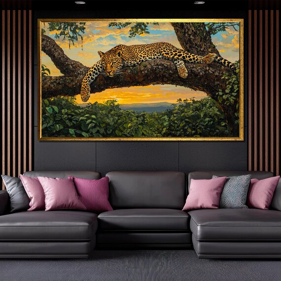 Leopard Resting On Tree Branch Golden Sunset Savannah Wildlife Poster