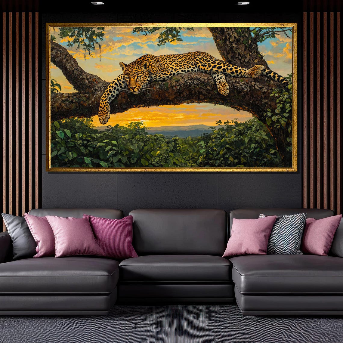 Leopard Resting On Tree Branch Golden Sunset Savannah Wildlife Poster