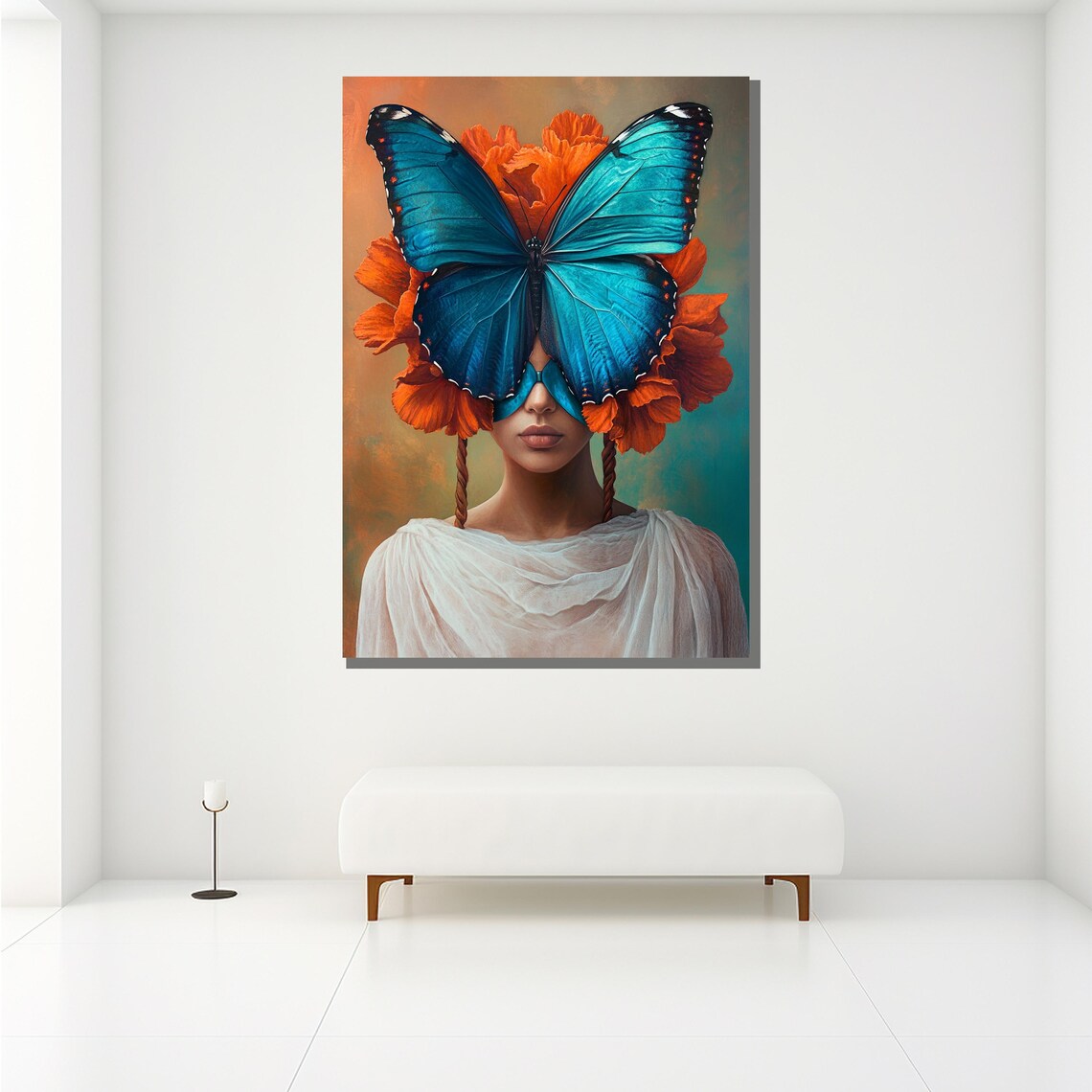 Blue Butterfly Mask Woman Surreal Portrait Orange Flowers Wall Poster - Image 2