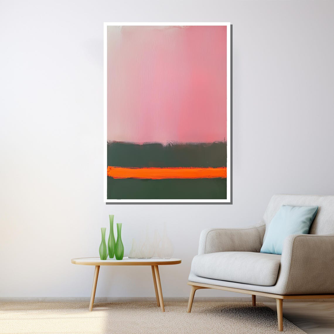 Mark Rothko Style Pink And Green With Orange Stripe Abstract Poster - Image 3