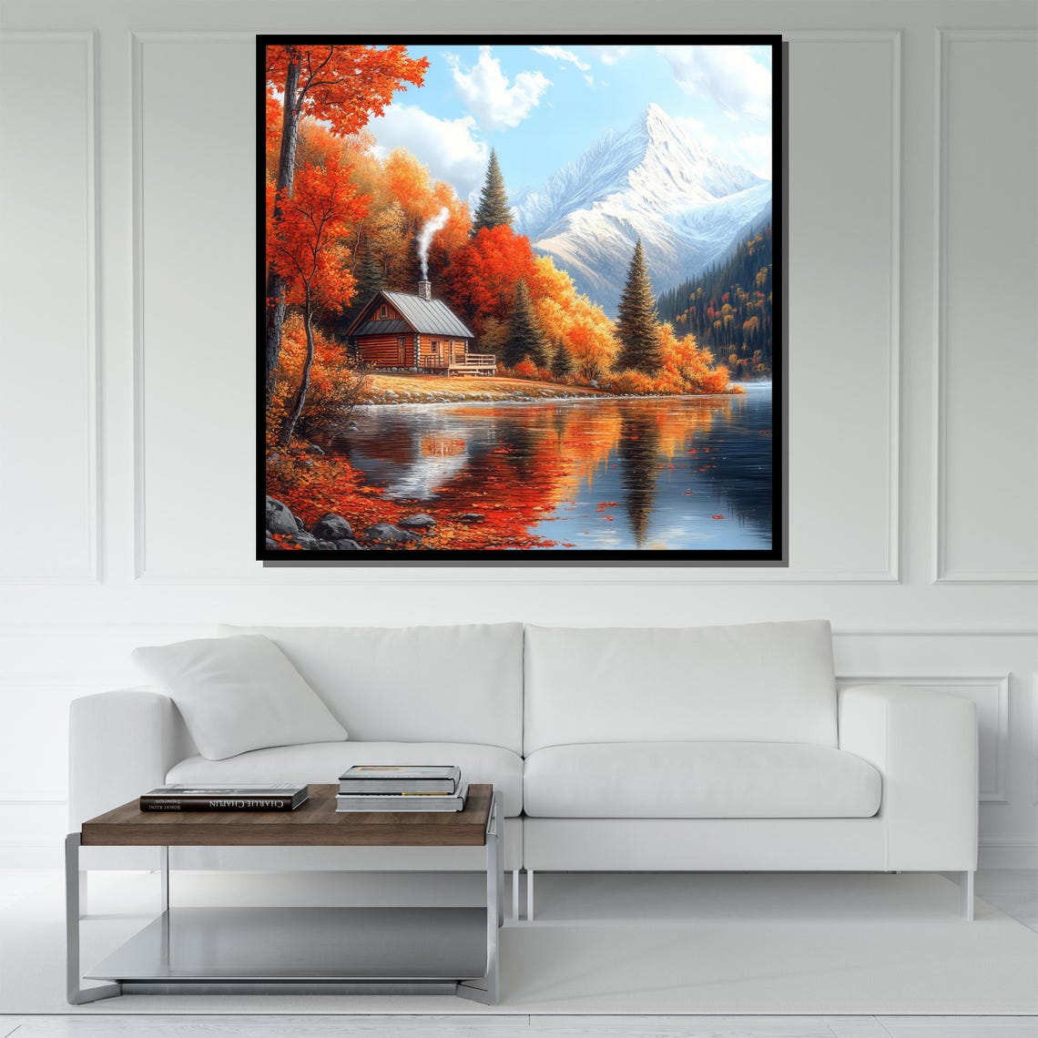 Autumn Cabin Lake Reflection Snowy Mountain Fall Foliage Poster - Image 5