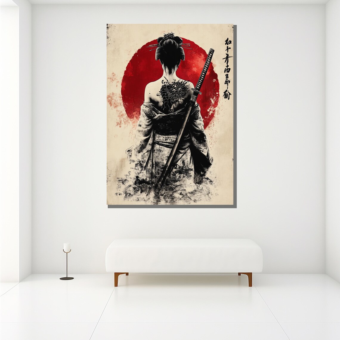 Samurai Woman Japanese Ink Art Red Sun Poster - Image 2