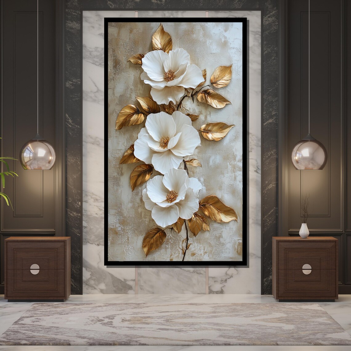 Gold And White 3D Floral Painting, Modern Art Print - Image 5