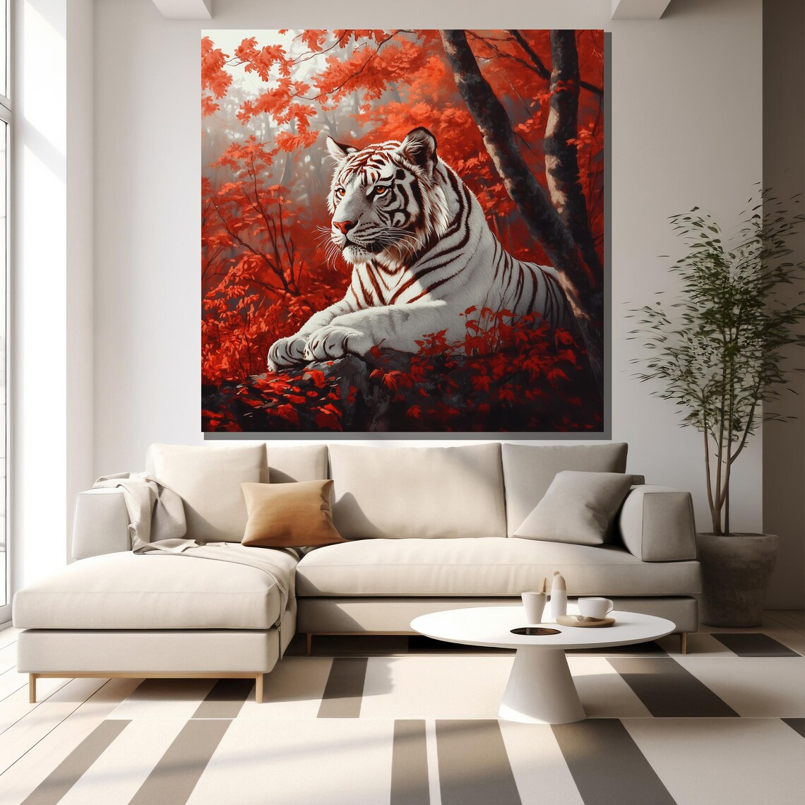 White Tiger Red Forest Majestic Resting Big Cat Wildlife Wall Art - Image 2