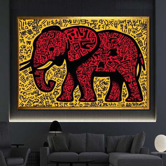 Abstract Elephant Painting Bold Red And Yellow Wall Art Modern Animal Artwork Unique Gift For Home Or Office