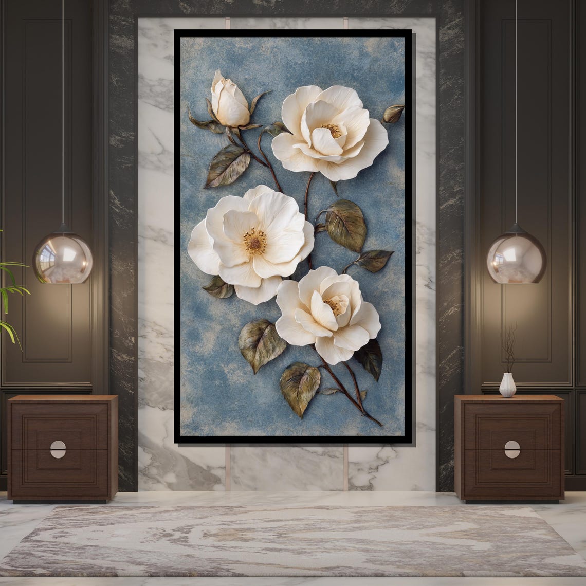 White Roses Branch Textured Plaster Blue Background Floral Wall Art - Image 5