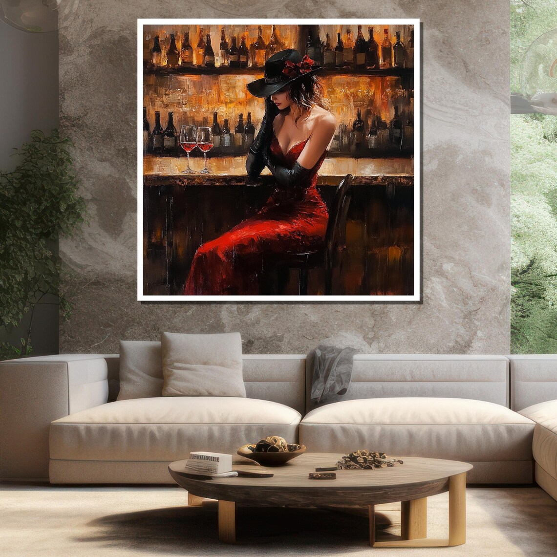 Red Dress Woman Wine Bar Painting Sultry Nightlife Elegant Wall Poster - Image 3