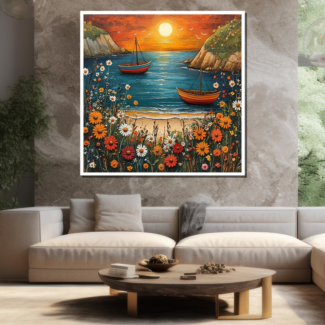 Sunset Cove Wooden Boats Wildflower Meadow Orange Sky Poster - Image 3