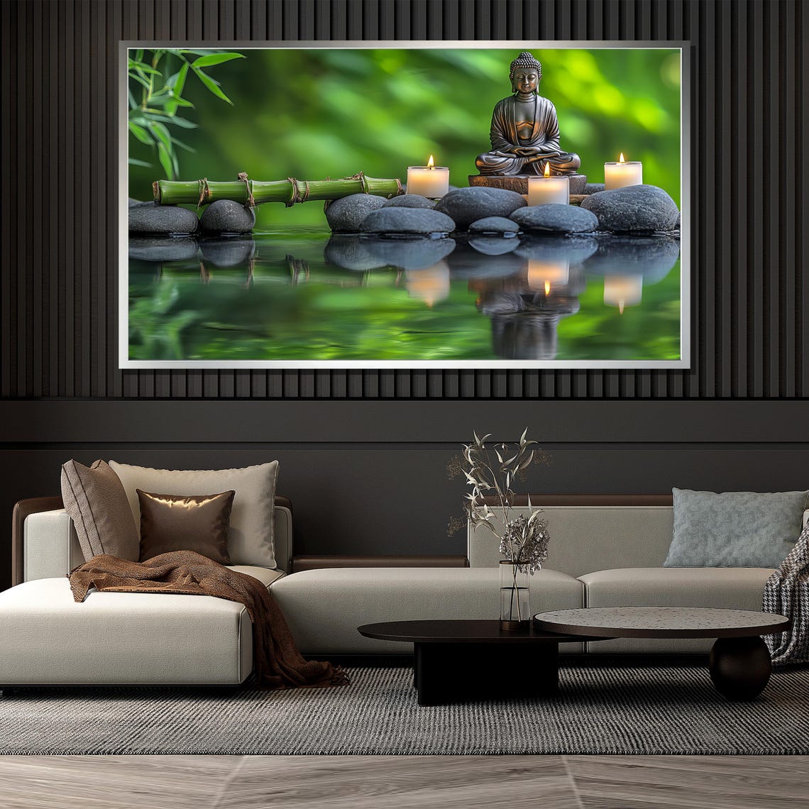 Buddha Statue Candles Zen Stones Water Reflection Bamboo Garden Poster - Image 4