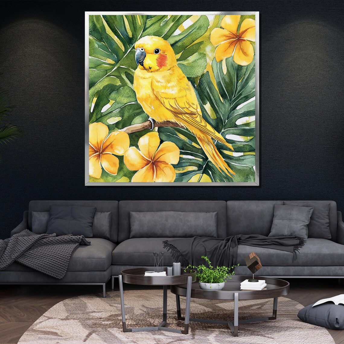 Yellow Parrot Tropical Watercolor Monstera Flower Bird Wall Poster - Image 4
