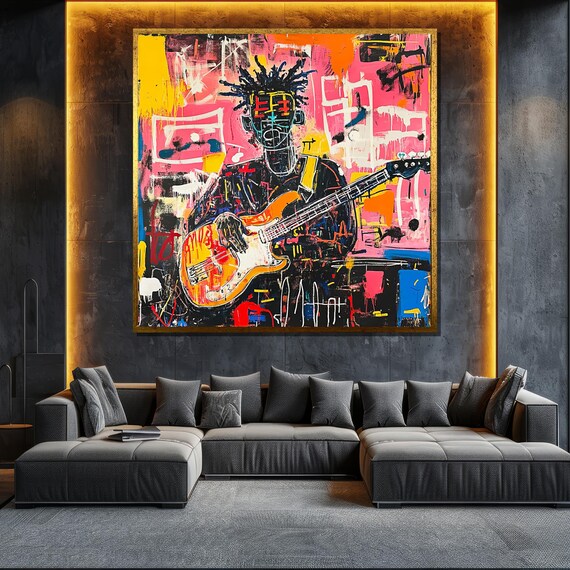 Basquiat Style Guitarist Colorful Graffiti Music Portrait Wall Poster
