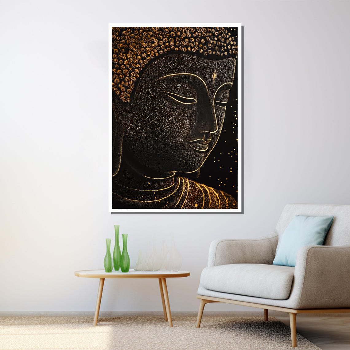 Golden Buddha Face Dotted Line Art Black Elegant Zen Meditation Poster - Image 3