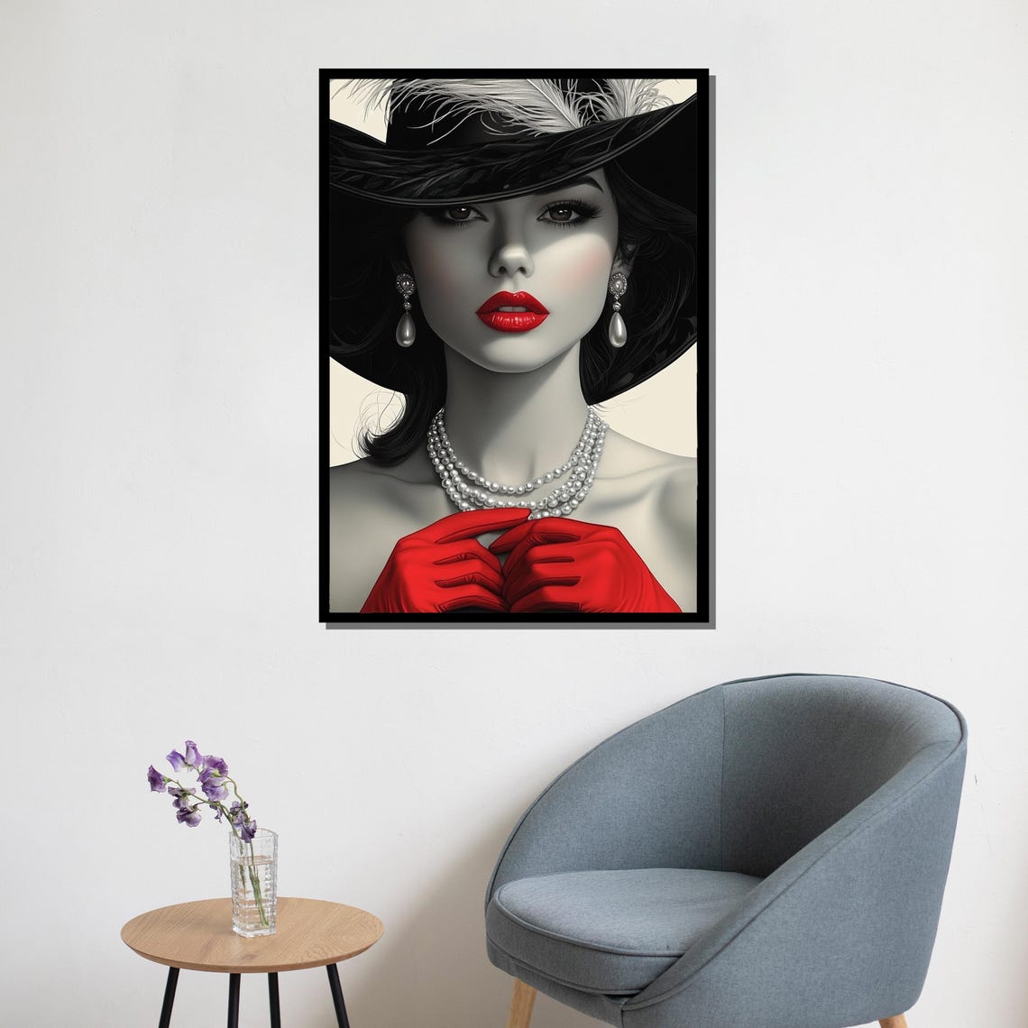 Elegant Woman Black Hat Red Lips Gloves Pearls Glamour Wall Poster - Image 5