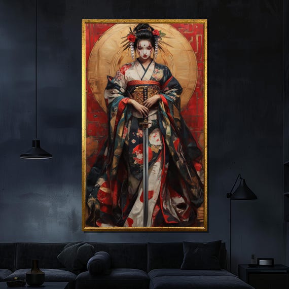 Samurai Geisha Painting Bold Japanese Warrior Wall Art Elegant Asian Inspired Gift For Home Decor