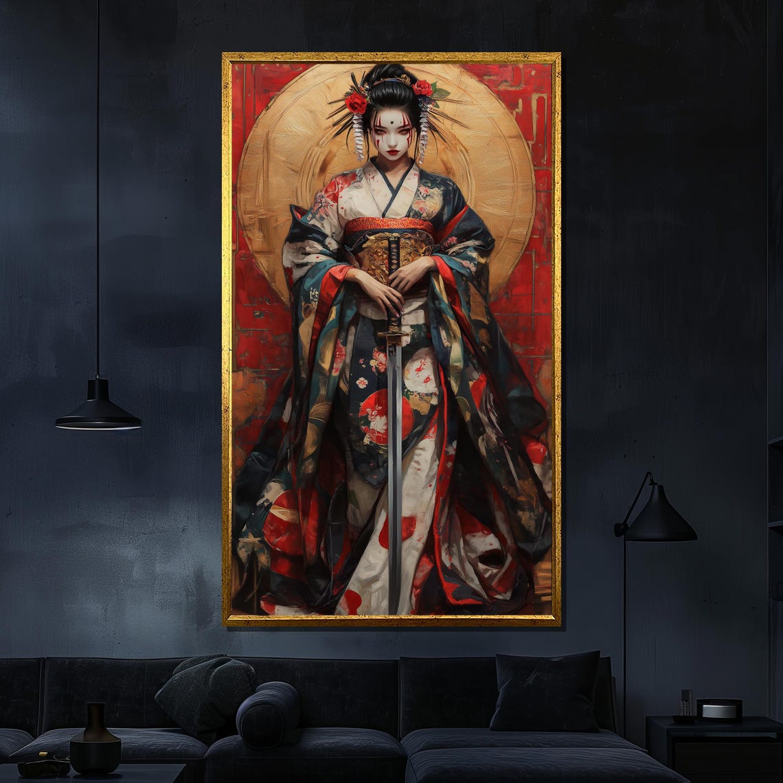 Samurai Geisha Warrior Katana Red Moon Colorful Kimono Japanese Poster
