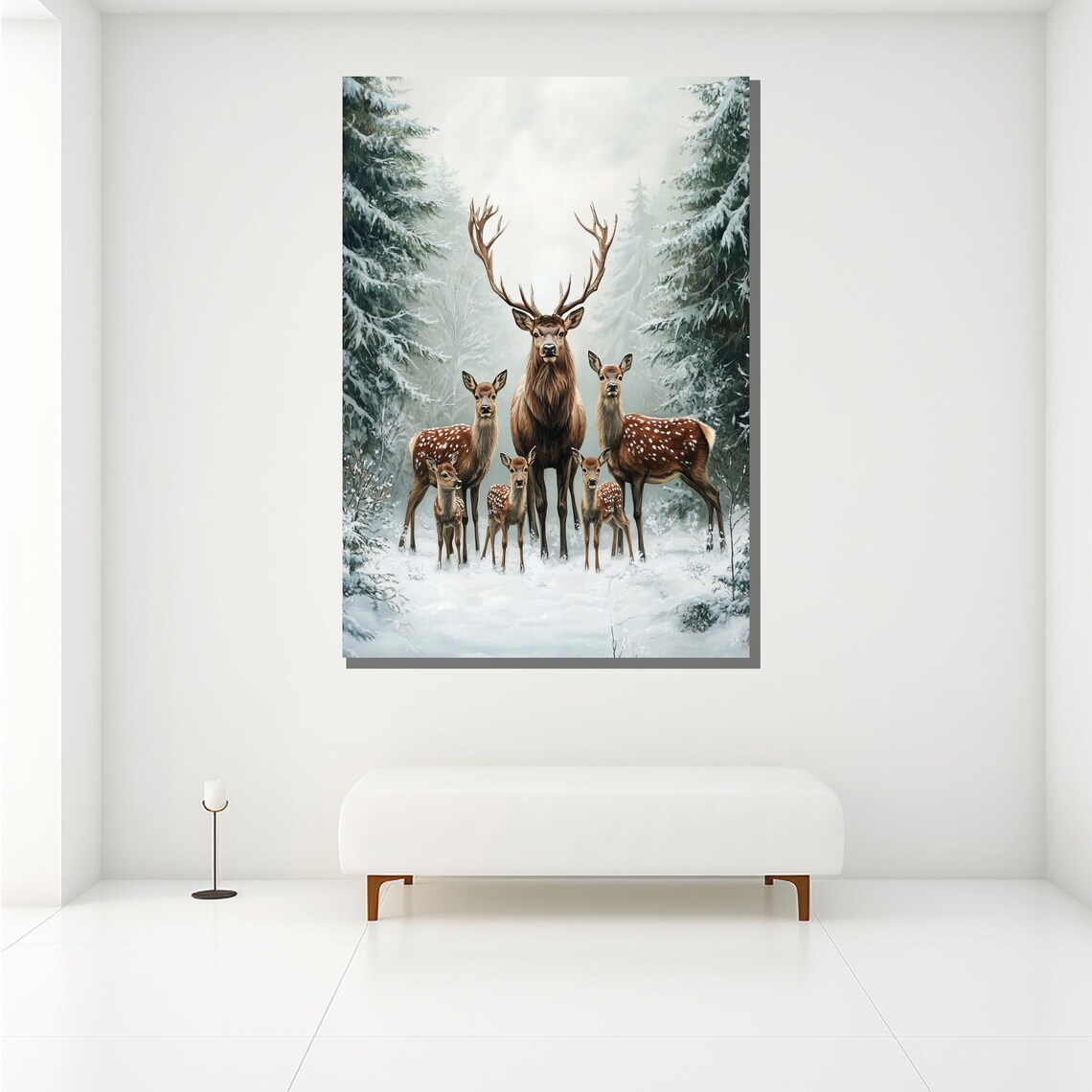 Deer Family Winter Snow Forest Stag Fawns Heartwarming Wall Art - Image 2
