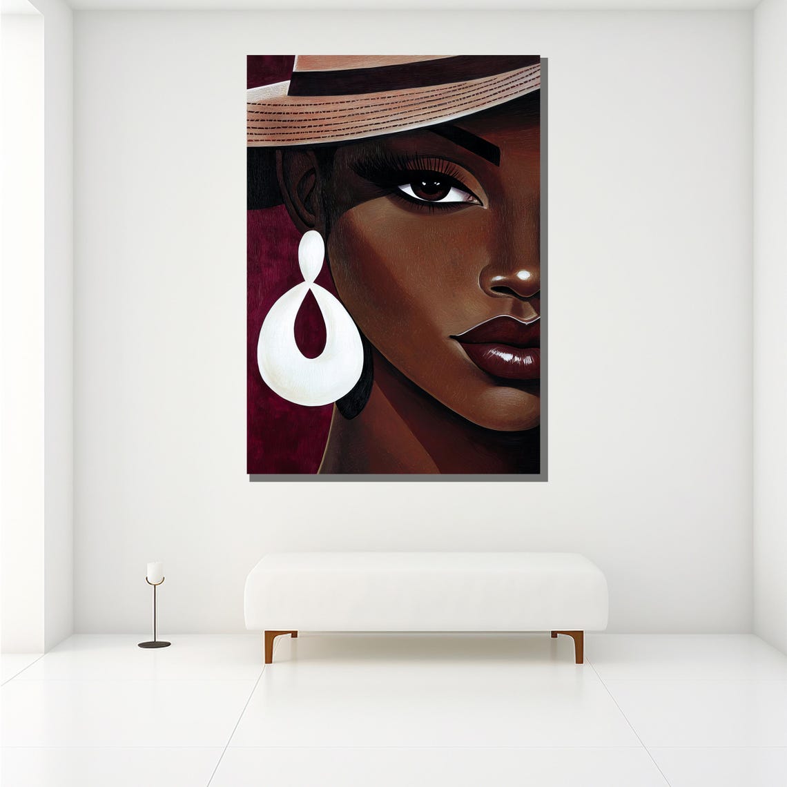 African Woman Bold Portrait Straw Hat Red Background Modern Wall Art - Image 2