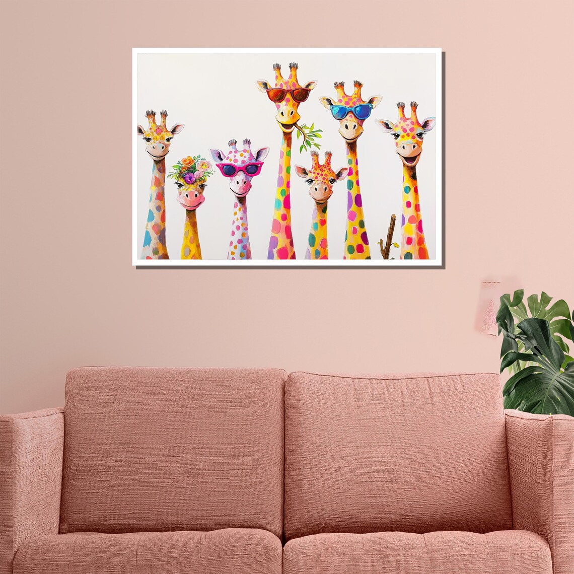 Seven Colorful Giraffes Sunglasses Painting Whimsical Fun Safari Animal Wall Art Poster - Image 3
