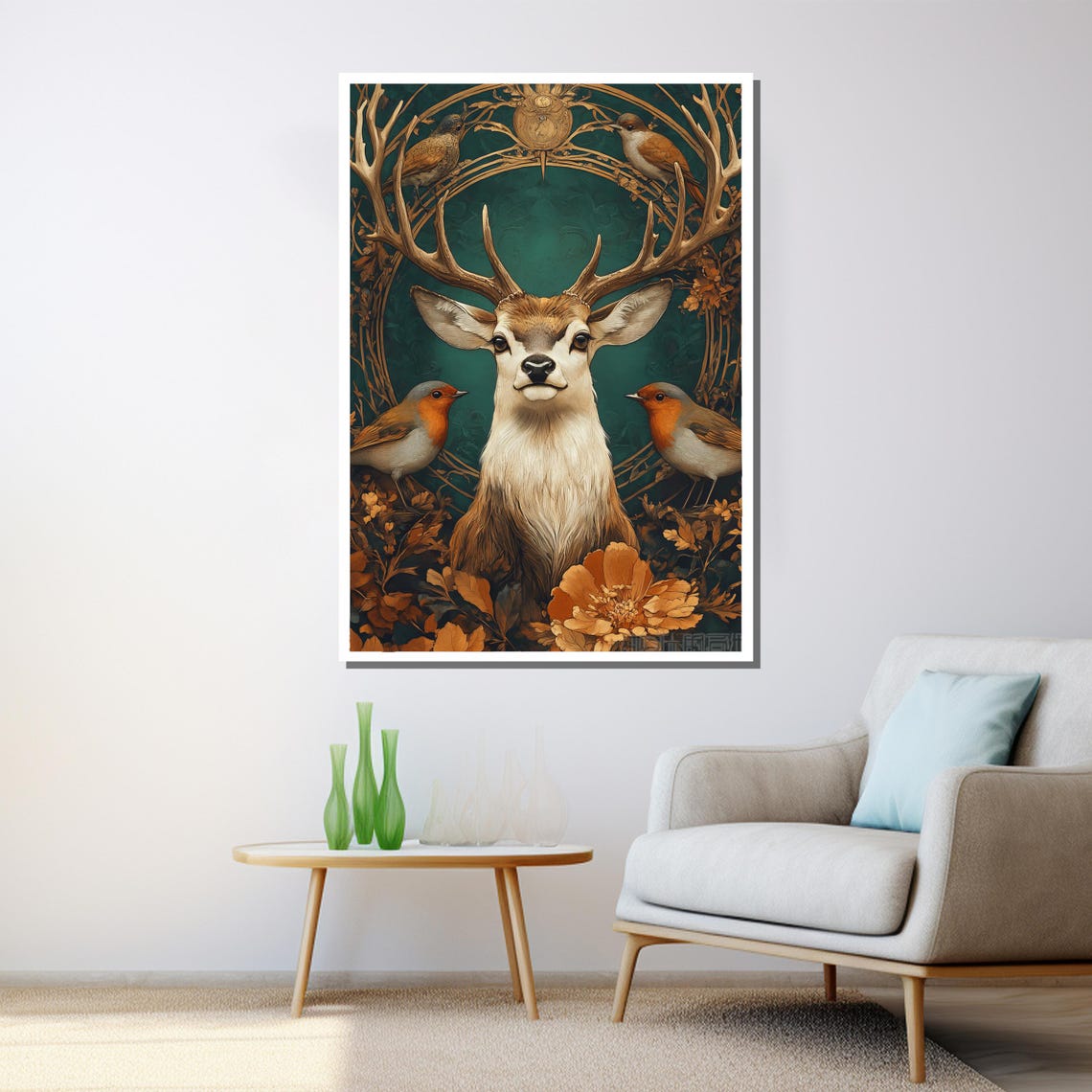 Stag Antlers Robins Golden Elegant Deer Portrait Nature Wall Art - Image 3