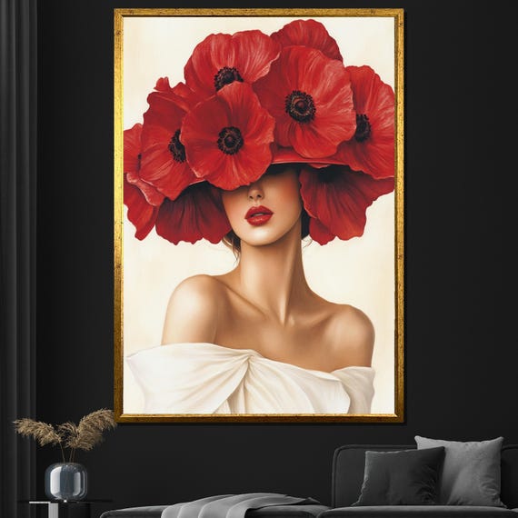 Woman With Red Poppies Painting Bold Floral Wall Art Elegant Home Decor Unique Gift For Her Modern Artwork