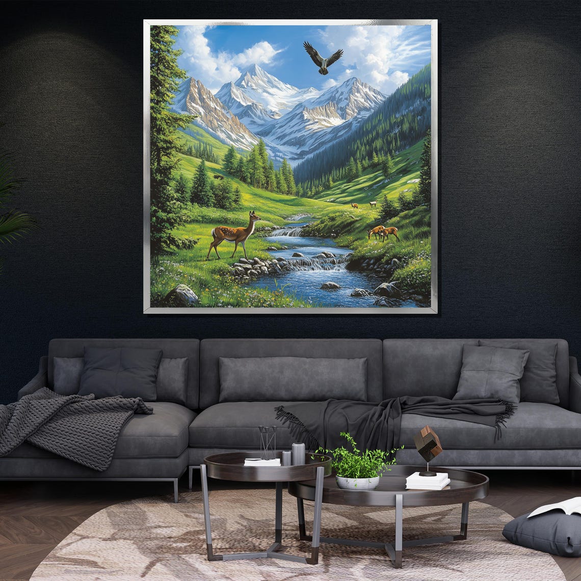 Mountain Deer River Alpine Meadow Wildlife Scenic Nature Wall Art - Image 4