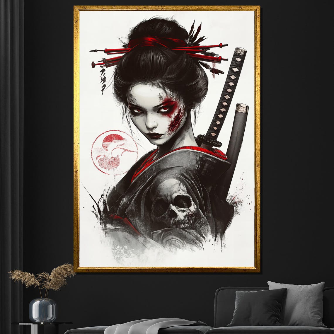 Dark Samurai Geisha Skull Katana Ink Grunge Japanese Warrior Poster