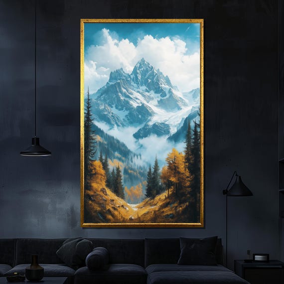 Snowy Mountain Landscape Painting Scenic Nature Wall Art For Living Room Decor Outdoor Lovers Gift