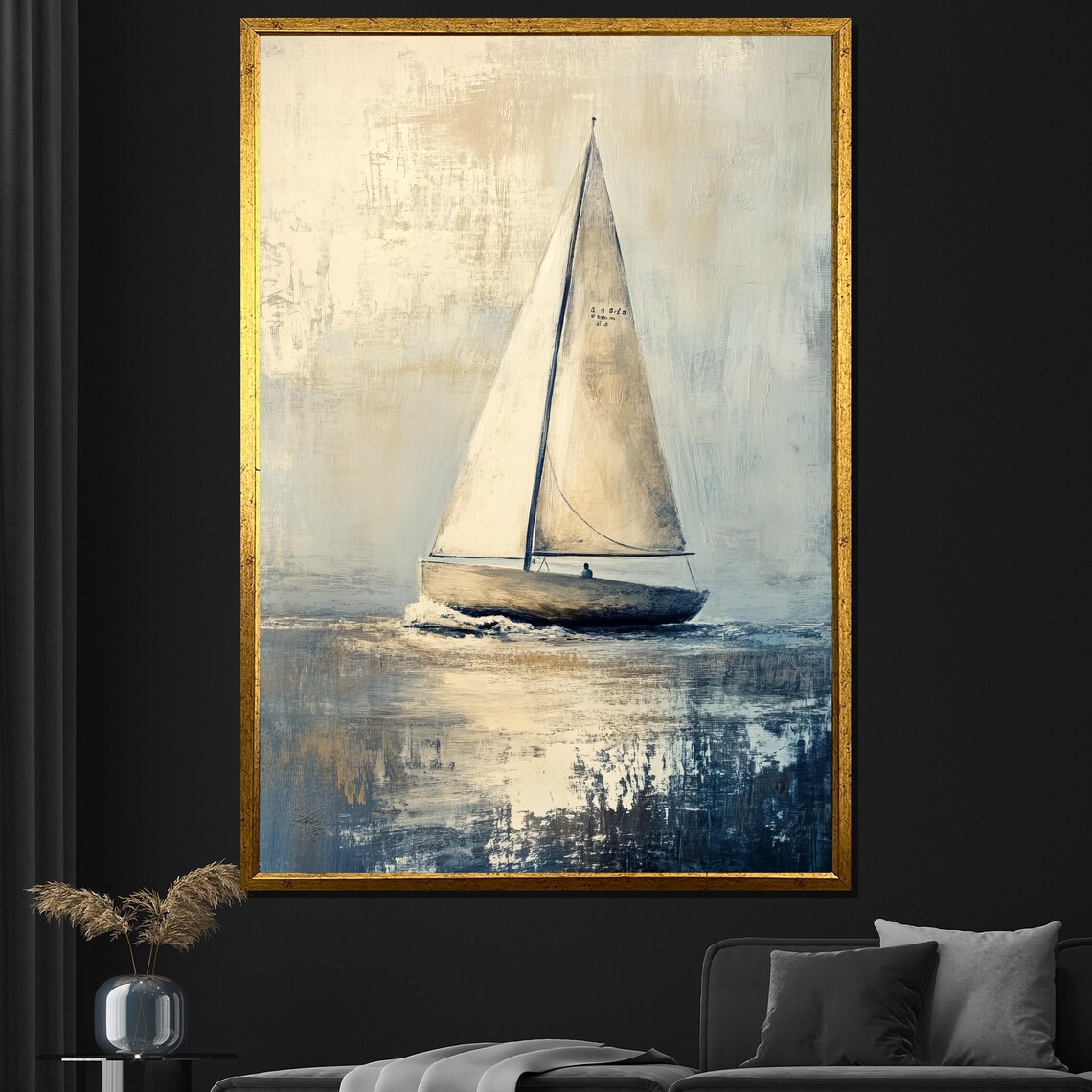 Sailboat Painting Elegant Nautical Wall Art For Living Room Minimalist Ocean Decor Gift Idea
