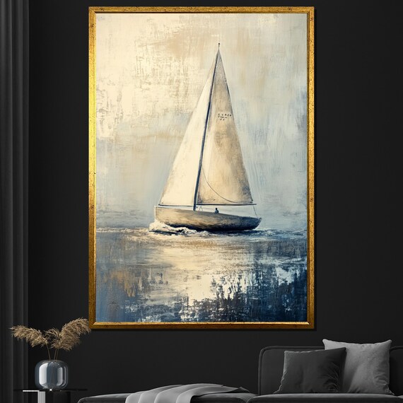 Sailboat Painting Elegant Nautical Wall Art For Living Room Minimalist Ocean Decor Gift Idea