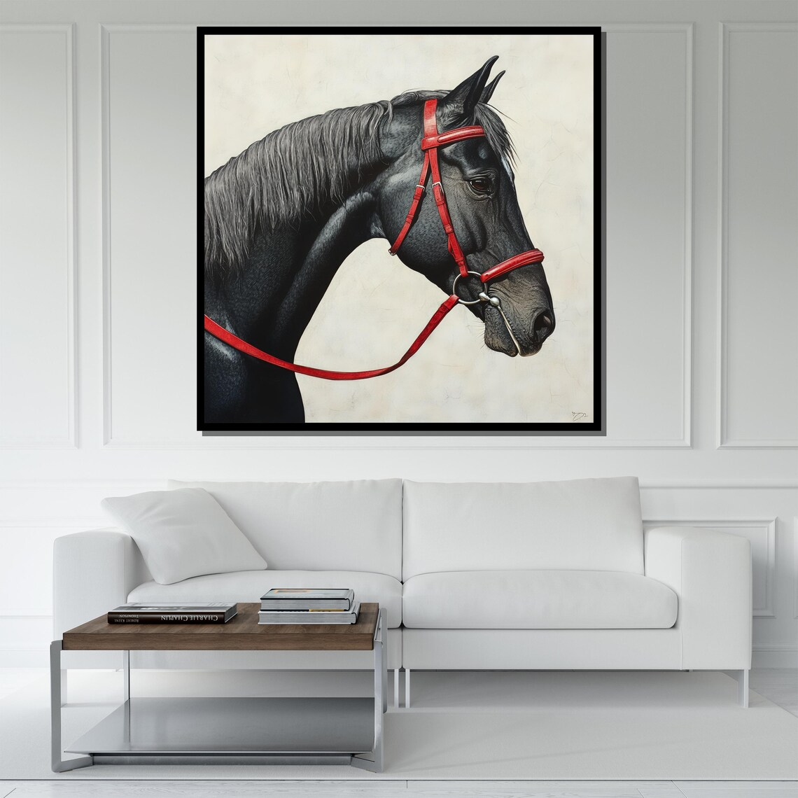 Black Horse Red Bridle Minimalist Profile Equine Elegant Wall Art - Image 5