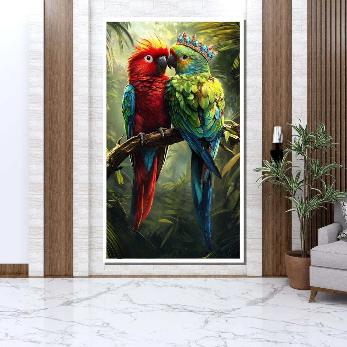 Crowned Parrot Pair Beak To Beak Whimsical Tropical Jungle Bird Poster - Image 3