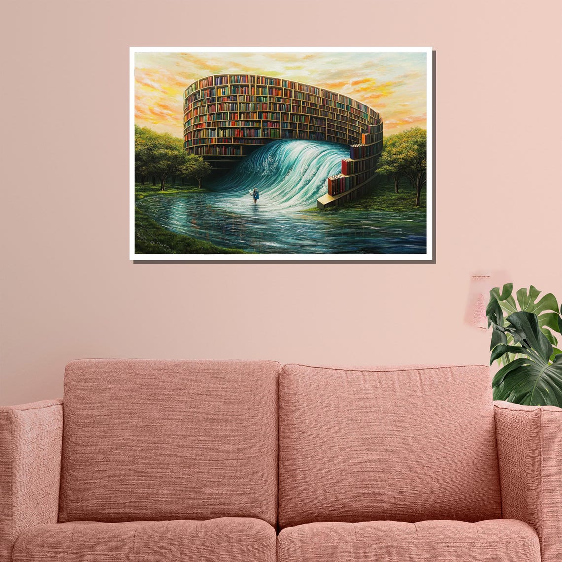 Surreal Library Waterfall Painting Fantasy Wall Art Unique Book Lover Decor Dreamy Gift For Readers - Image 3