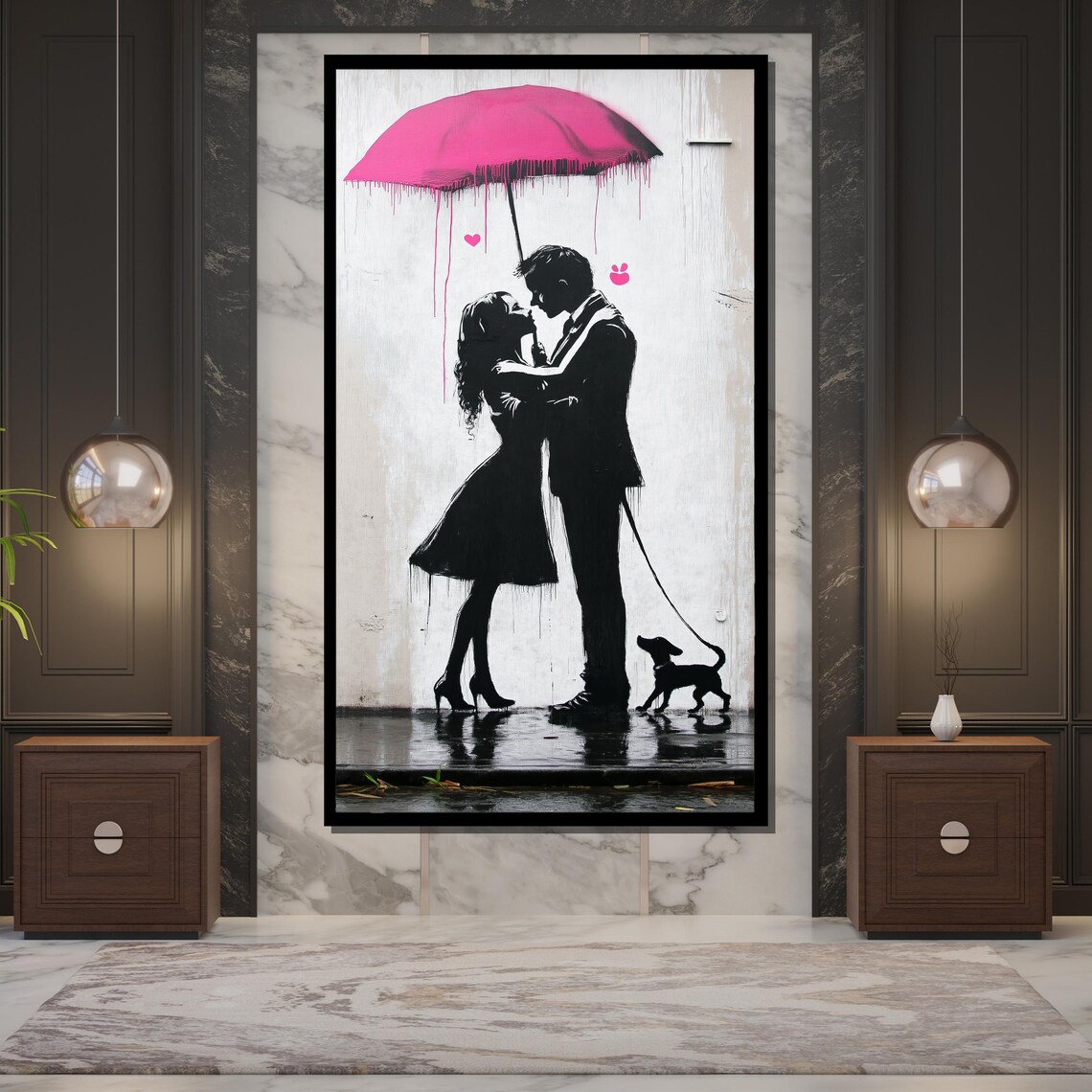 Couple Kissing Under Pink Umbrella Street Art Silhouette Wall Poster - Image 5