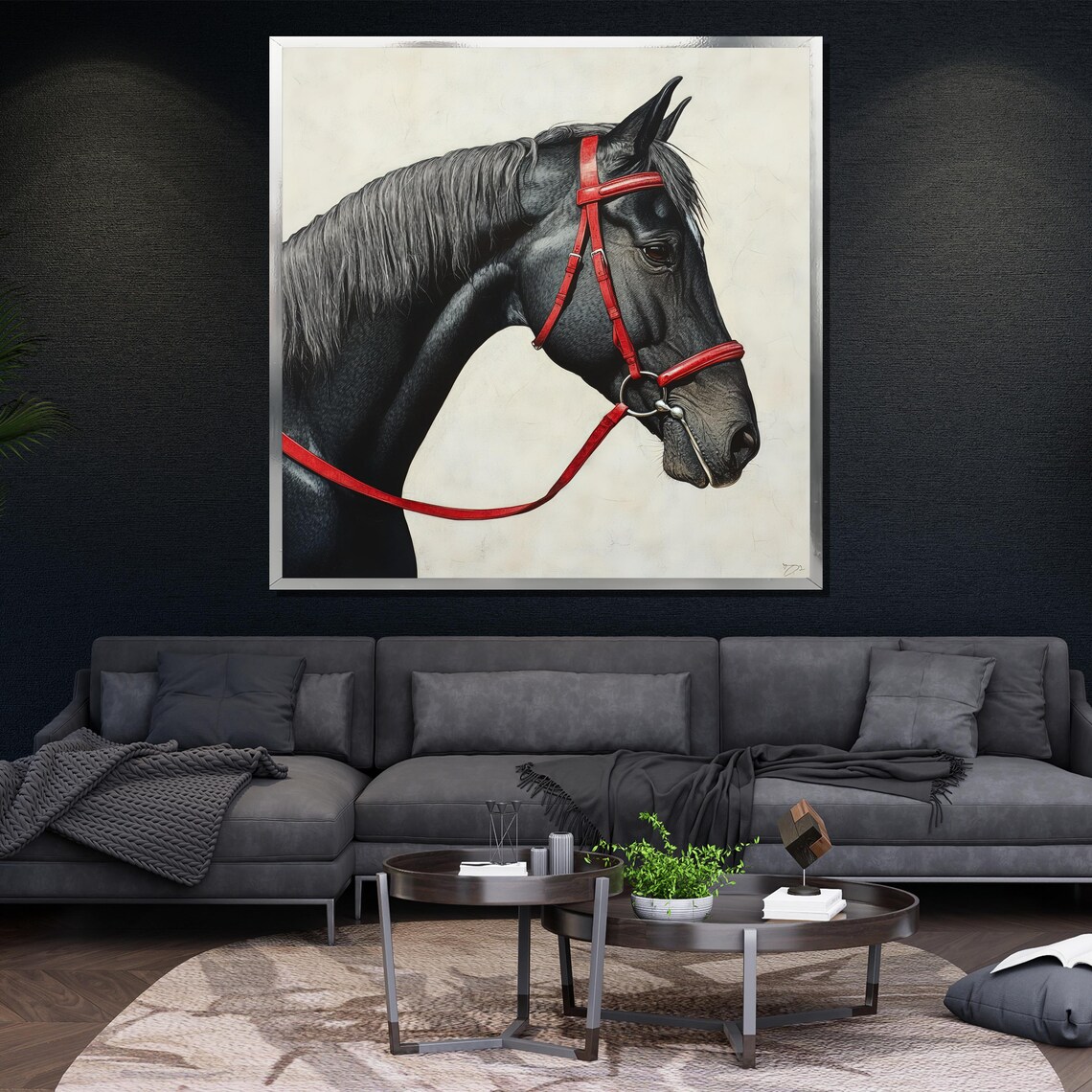 Black Horse Red Bridle Minimalist Profile Equine Elegant Wall Art - Image 4