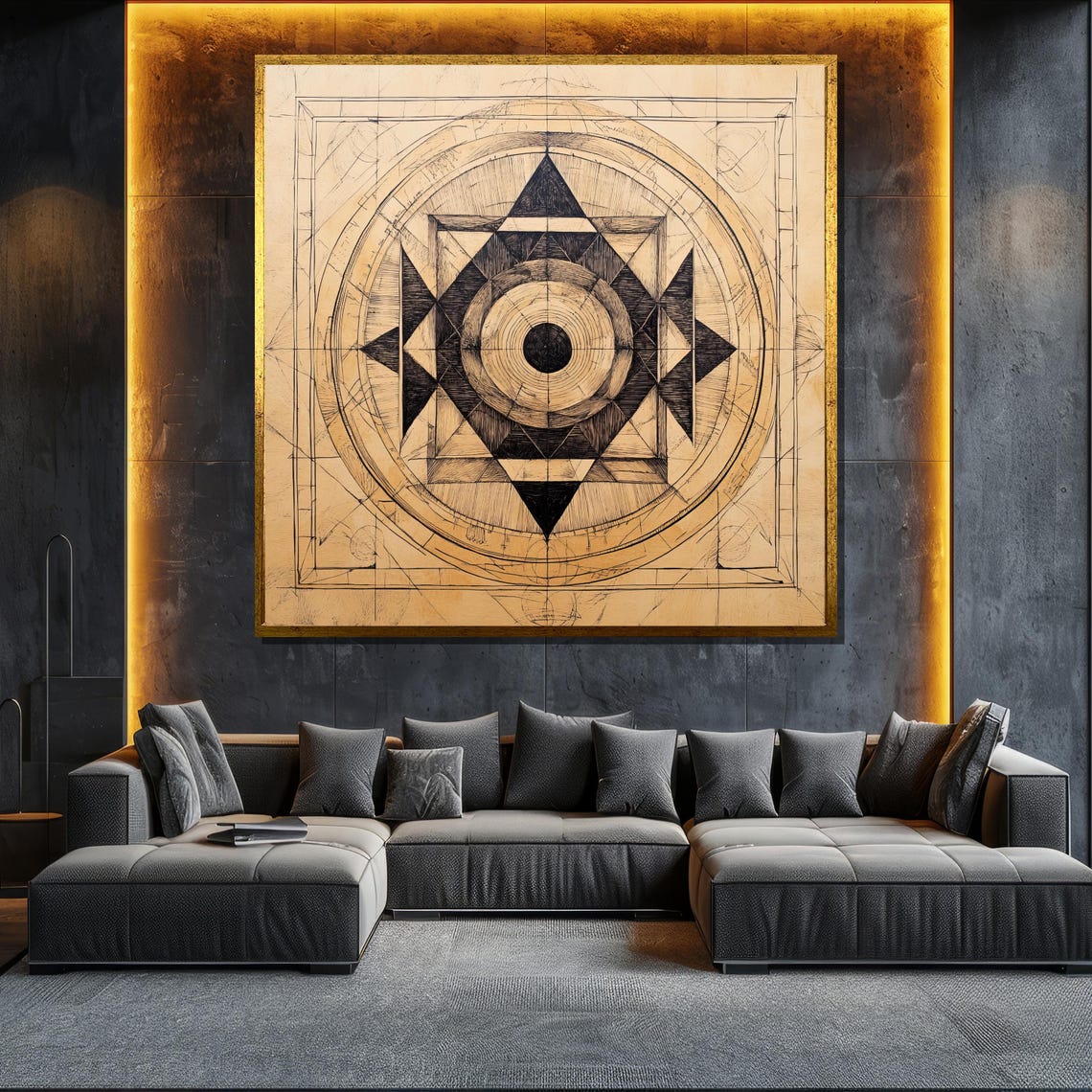 Sacred Geometry Star Mandala Black Beige Minimalist Abstract Poster