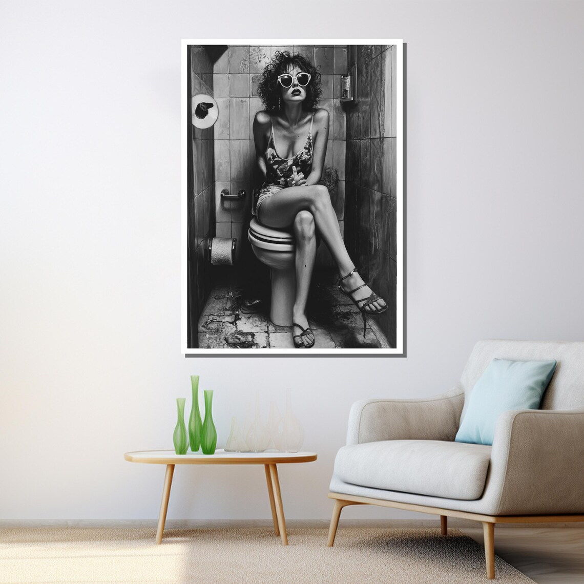 Edgy Woman Sunglasses Black White Bathroom Portrait Bold Art Wall Poster - Image 3