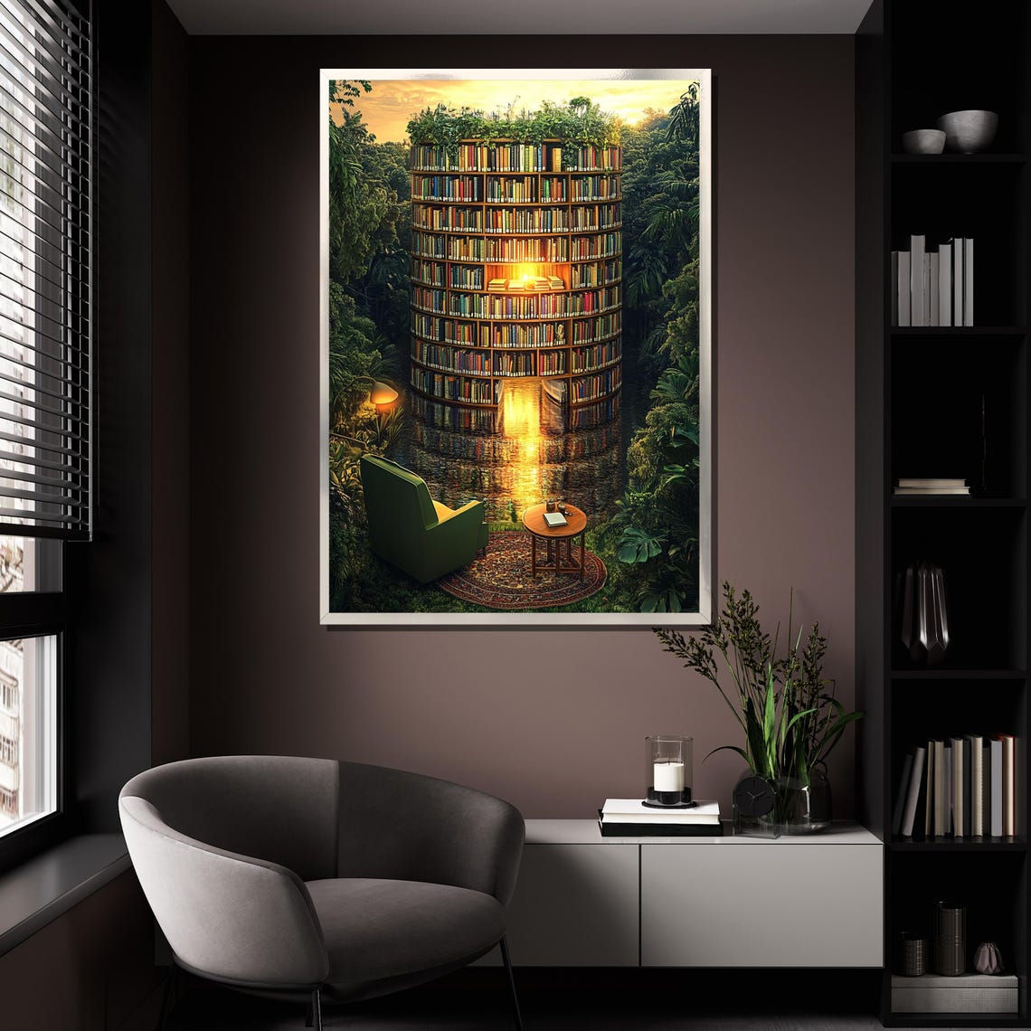 Surrealist Circular Library Tower In A Jungle Reading Nook Poster - Image 4