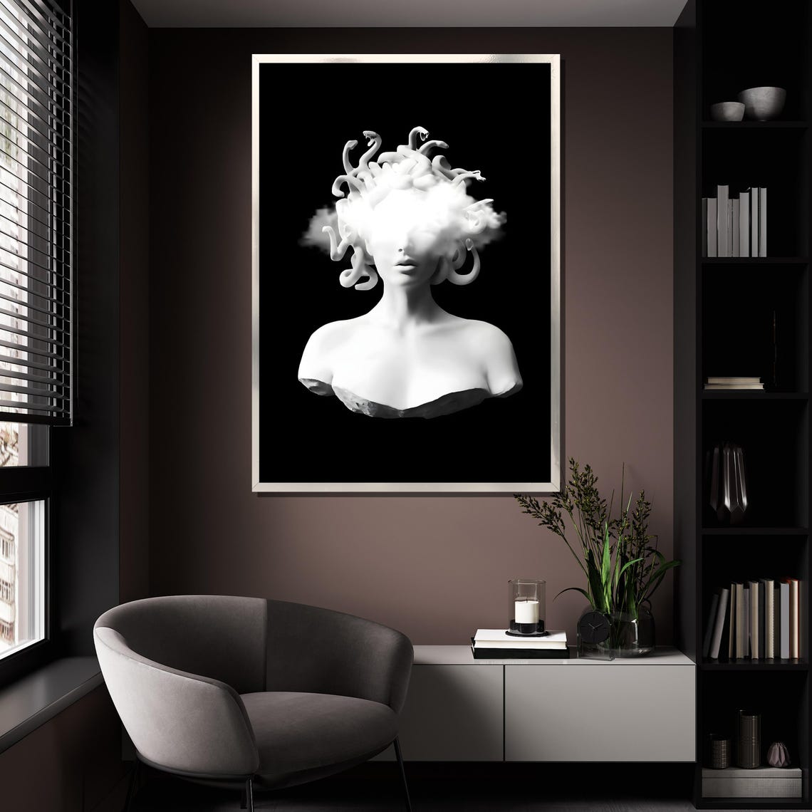 Modern Medusa Bust Black And White Abstract Wall Art With Cloud Effect For Home Decor Or Gift - Image 4