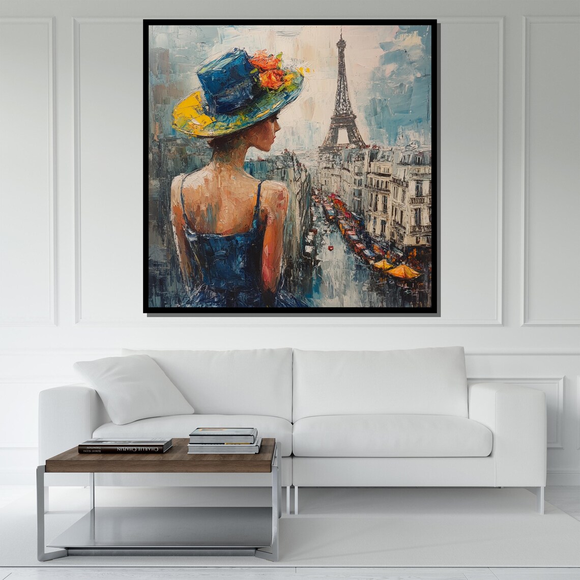 Elegant Woman Paris Eiffel Tower Street Blue Hat Floral Wall Poster - Image 5